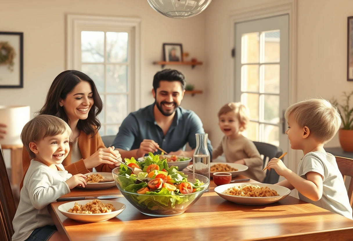 A family enjoying simple and healthy meals for hectic family schedules together at a sunlit dining table, smiling, with colorful, wholesome dishes spread out.