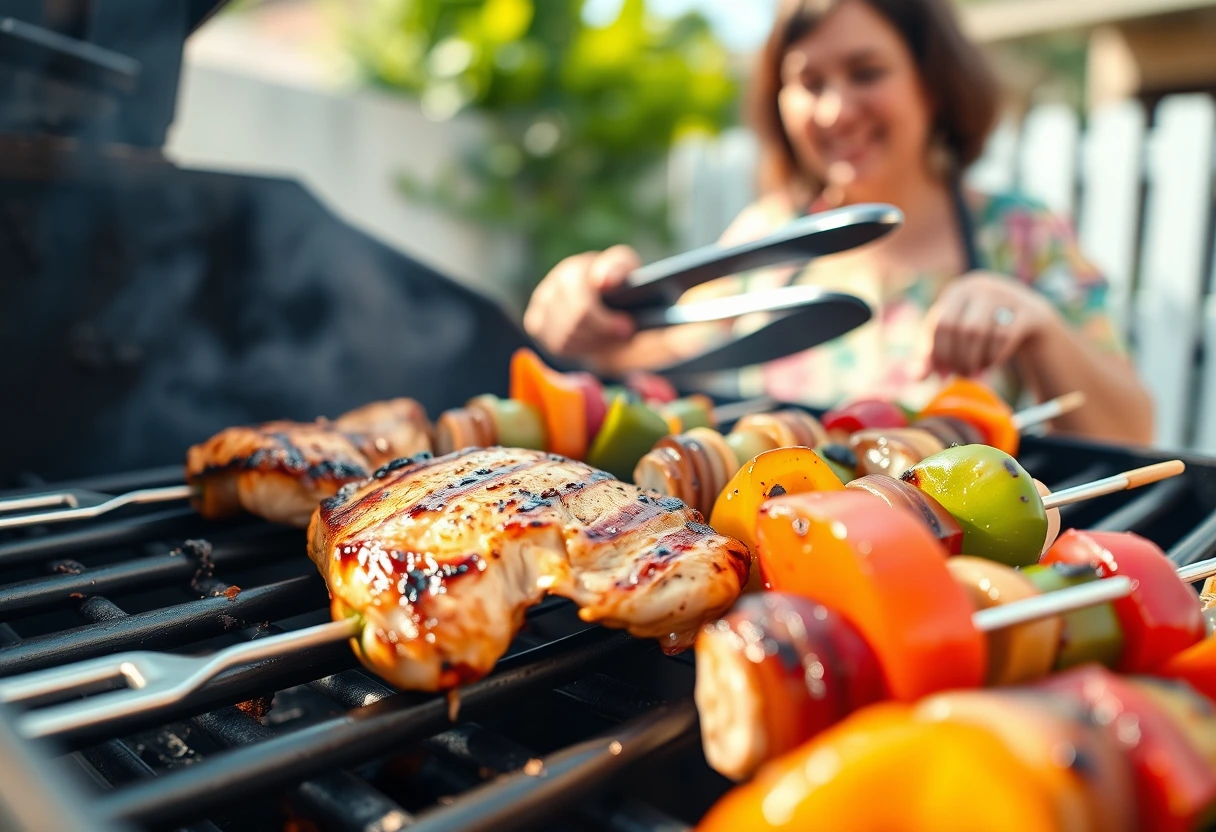 A busy mom grilling marinated chicken breasts and colorful vegetables on a backyard barbecue, showcasing simple BBQ recipes for busy families.
