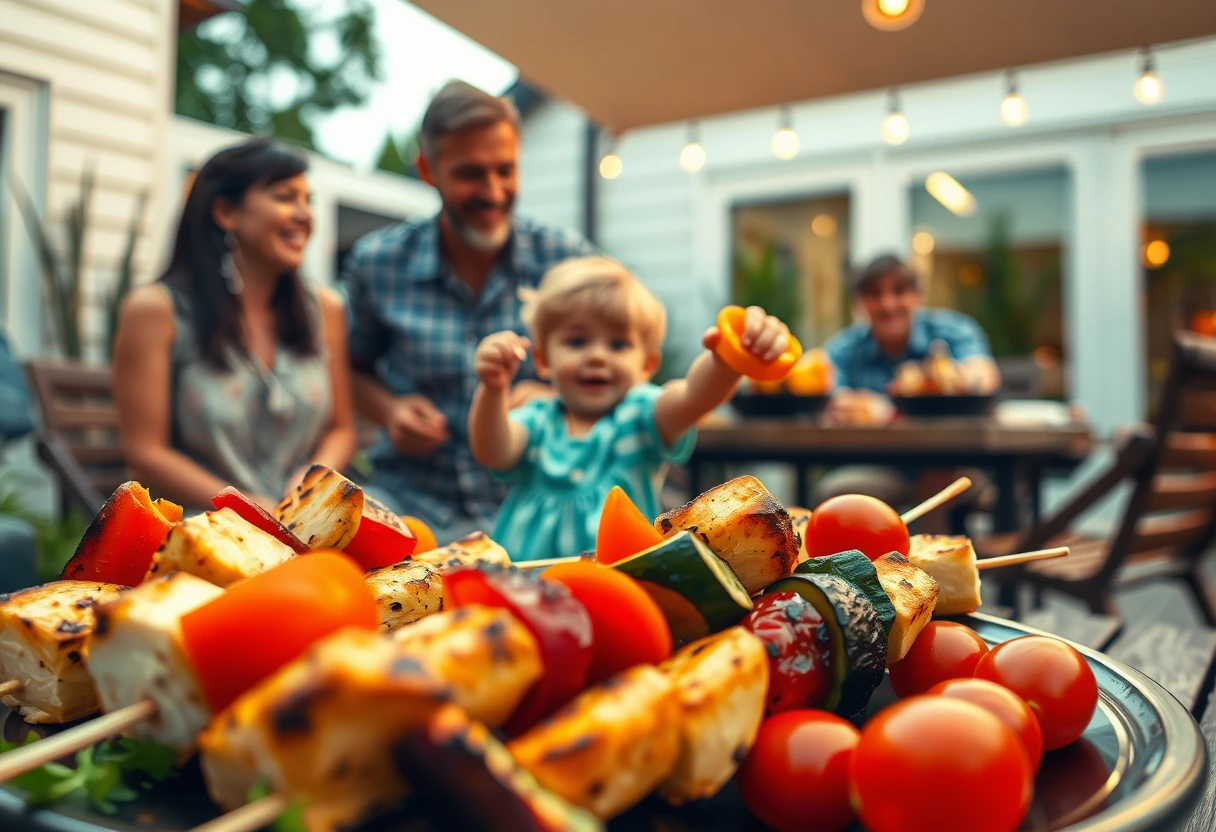 A family enjoying a backyard BBQ, with focus on grilled halloumi and vegetable skewers, highlighting simple BBQ recipes for busy families.