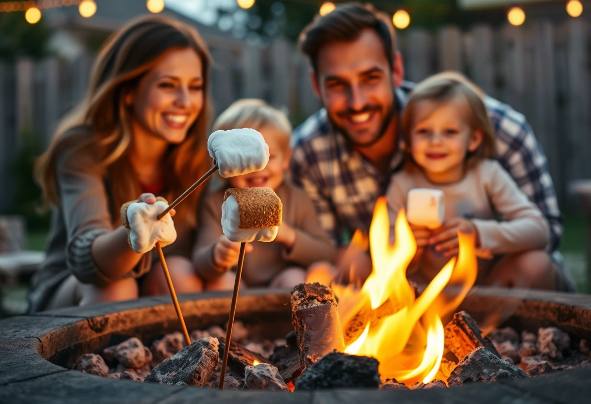 A happy busy family enjoying grilled fruit skewers and s'mores for dessert after a BBQ, highlighting simple BBQ recipes for busy families.