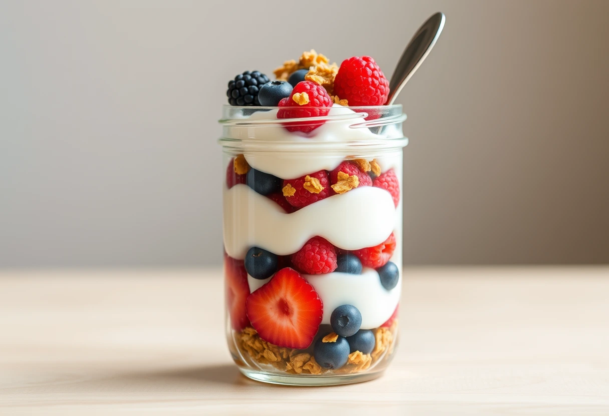 A vibrant yogurt parfait in a glass jar, layered with fresh berries, crunchy granola, and creamy yogurt, representing simple breakfast ideas for busy mornings.