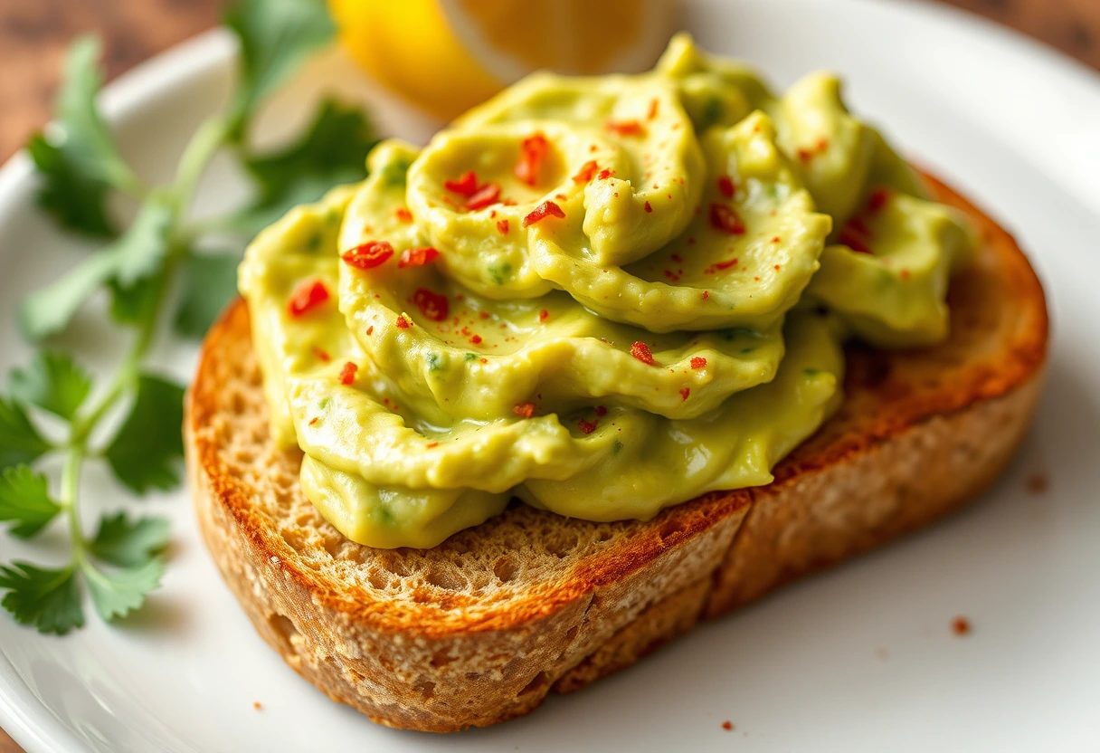 A close-up of a warm slice of whole-wheat toast topped with mashed avocado and a sprinkle of Everything Bagel seasoning, showcasing simple breakfast ideas for a quick savory meal.