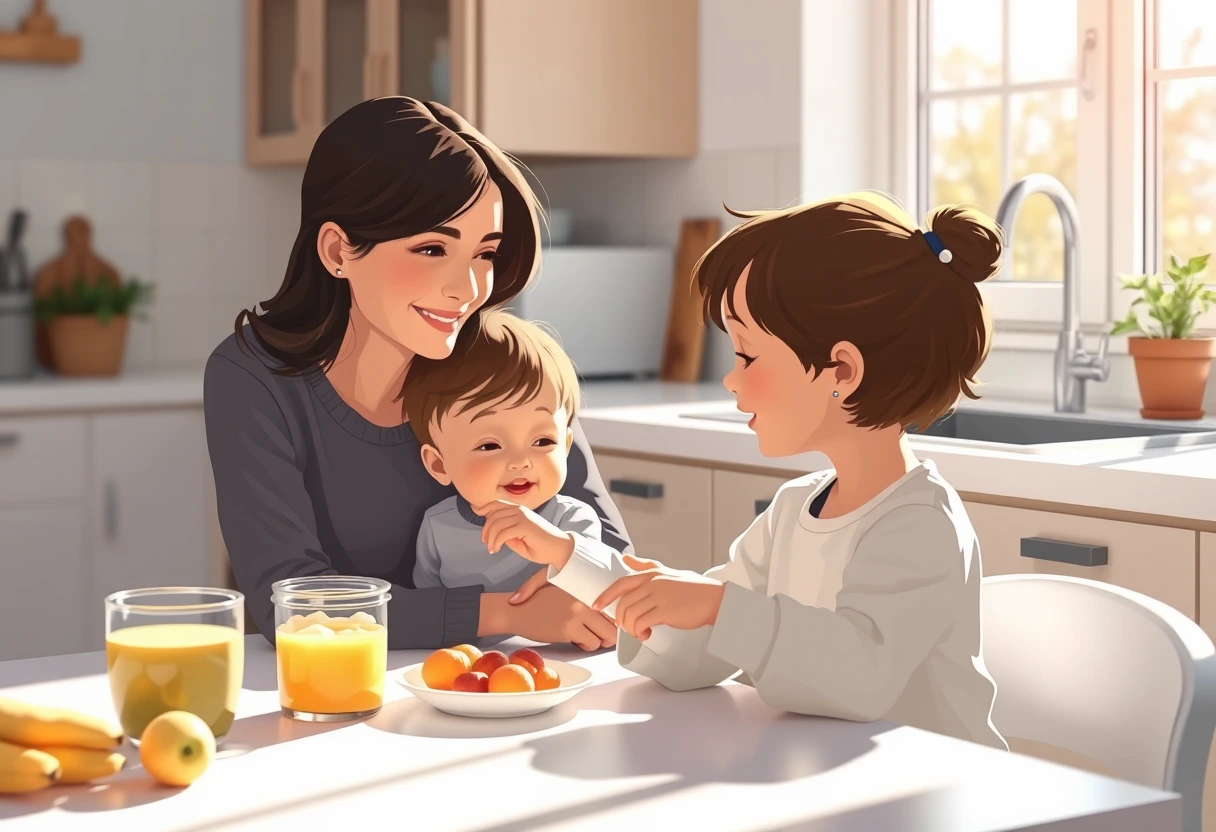 A young mother and her child sitting at a kitchen table, enjoying a simple breakfast together, emphasizing the importance of family time and a balanced breakfast solution.