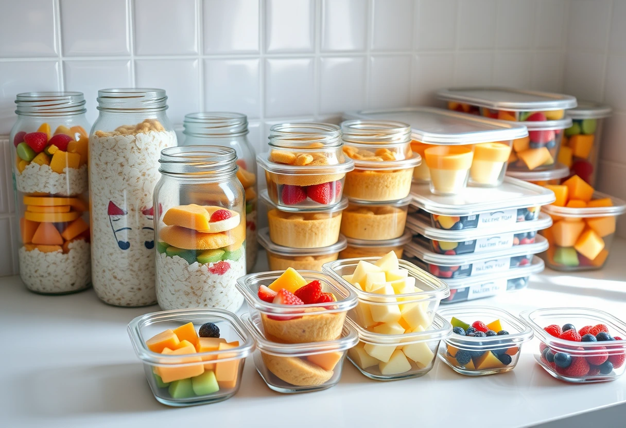 Various meal prepped simple breakfast recipes that kids love, including jars of overnight oats, neatly stacked egg muffins, and containers of pre-cut fruit.
