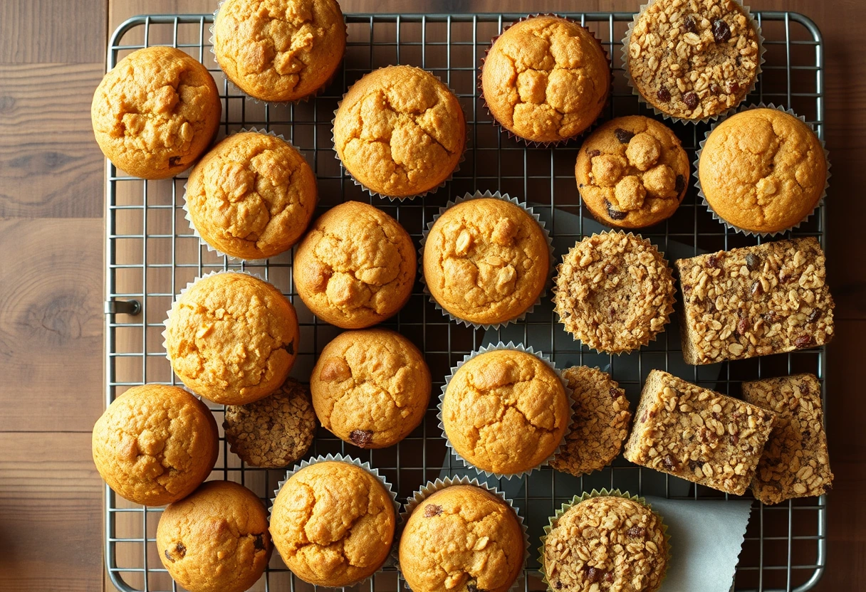 A variety of healthy, homemade breakfast muffins and granola bars arranged on a cooling rack, ideal for simple breakfasts that keep new moms energized and on the go.