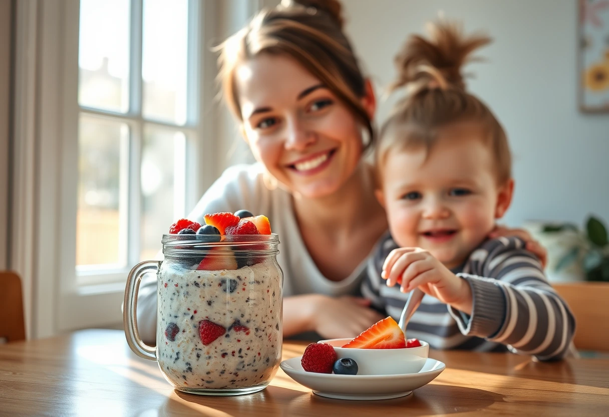 A busy mom smiling while enjoying a simple brunch of overnight oats and fruit with her child, depicting easy and simple brunch ideas perfect for busy moms.