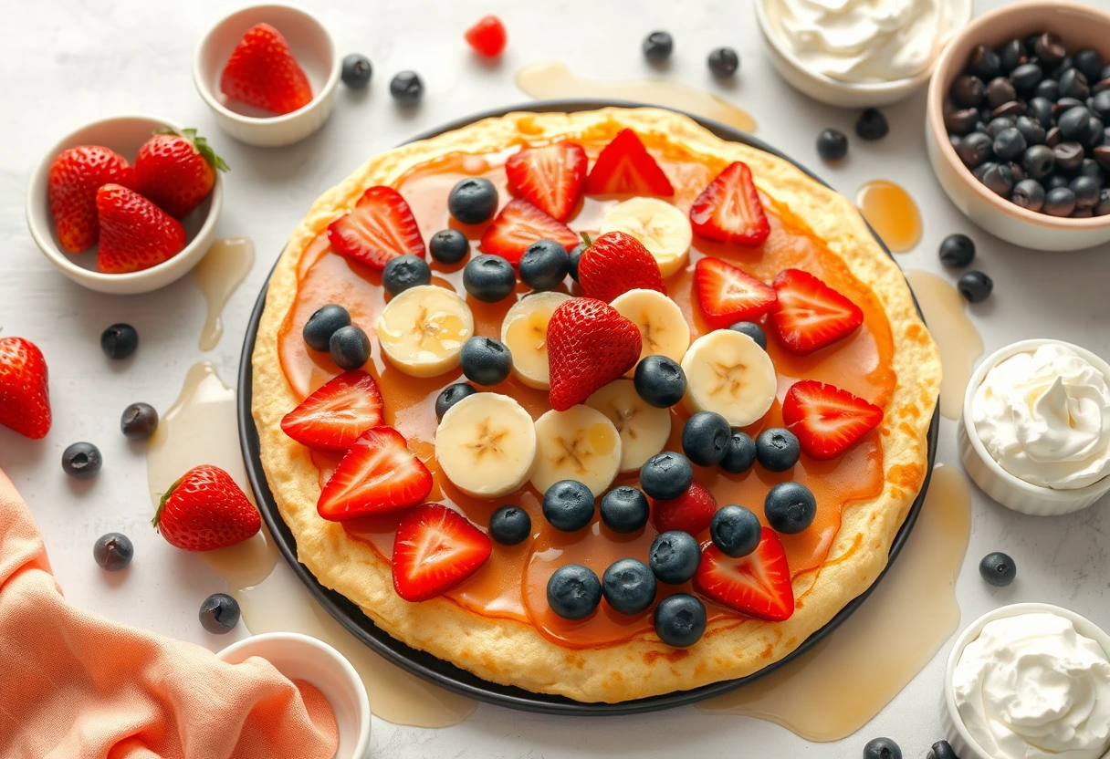 A busy mom and her child laughing while enjoying a sheet pan pancake decorated with various fruit and toppings, showcasing simple brunch ideas perfect for busy moms.