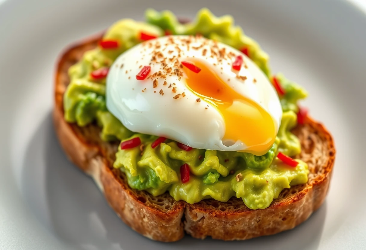 A close-up of a perfectly prepared avocado toast with a poached egg and everything bagel seasoning, highlighting simple brunch ideas perfect for busy moms.