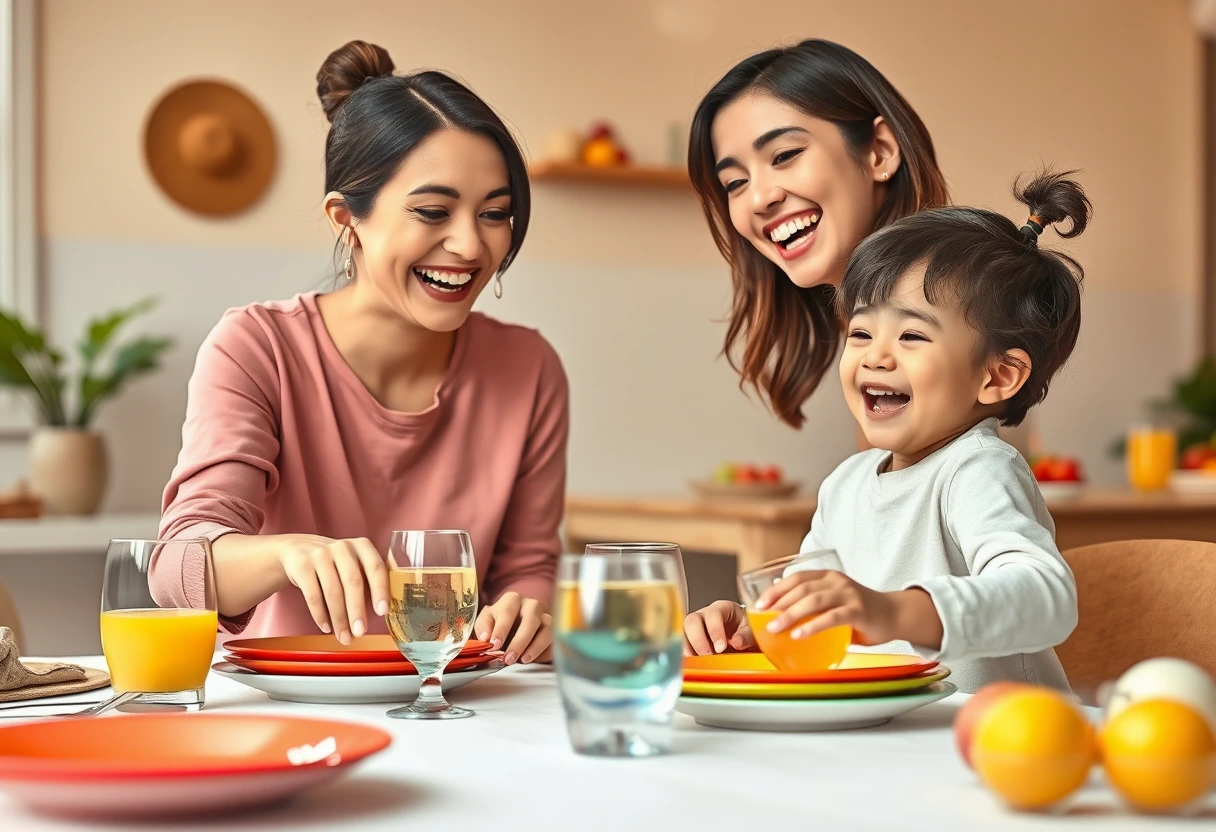 A family, including a busy mom and her child, happily setting the table for brunch together, illustrating simple brunch ideas perfect for busy moms.