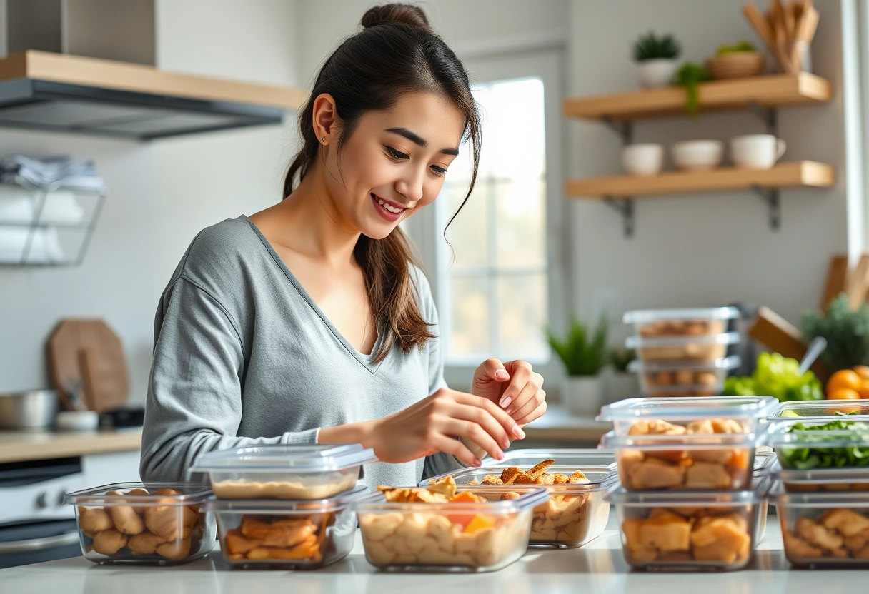 A busy young mother efficiently portioning simple chicken meals into meal prep containers in a modern, organized kitchen. The focus is on pre-cooked chicken dishes ready for the week, showcasing quick chicken recipes for families.