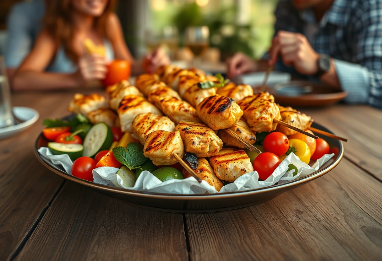 Grilled chicken skewers and roasted vegetables on a vibrant platter, perfect for simple chicken meals for families, emphasizing healthy and delicious weeknight options.