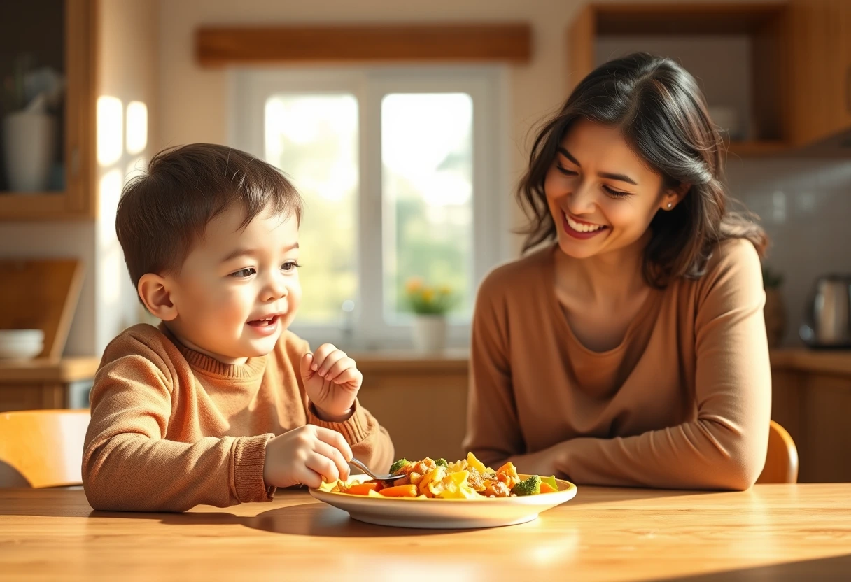 A busy mother smiling as her happy child eats a plate of simple dinner for picky eaters, showing a relaxed, positive family mealtime scene.