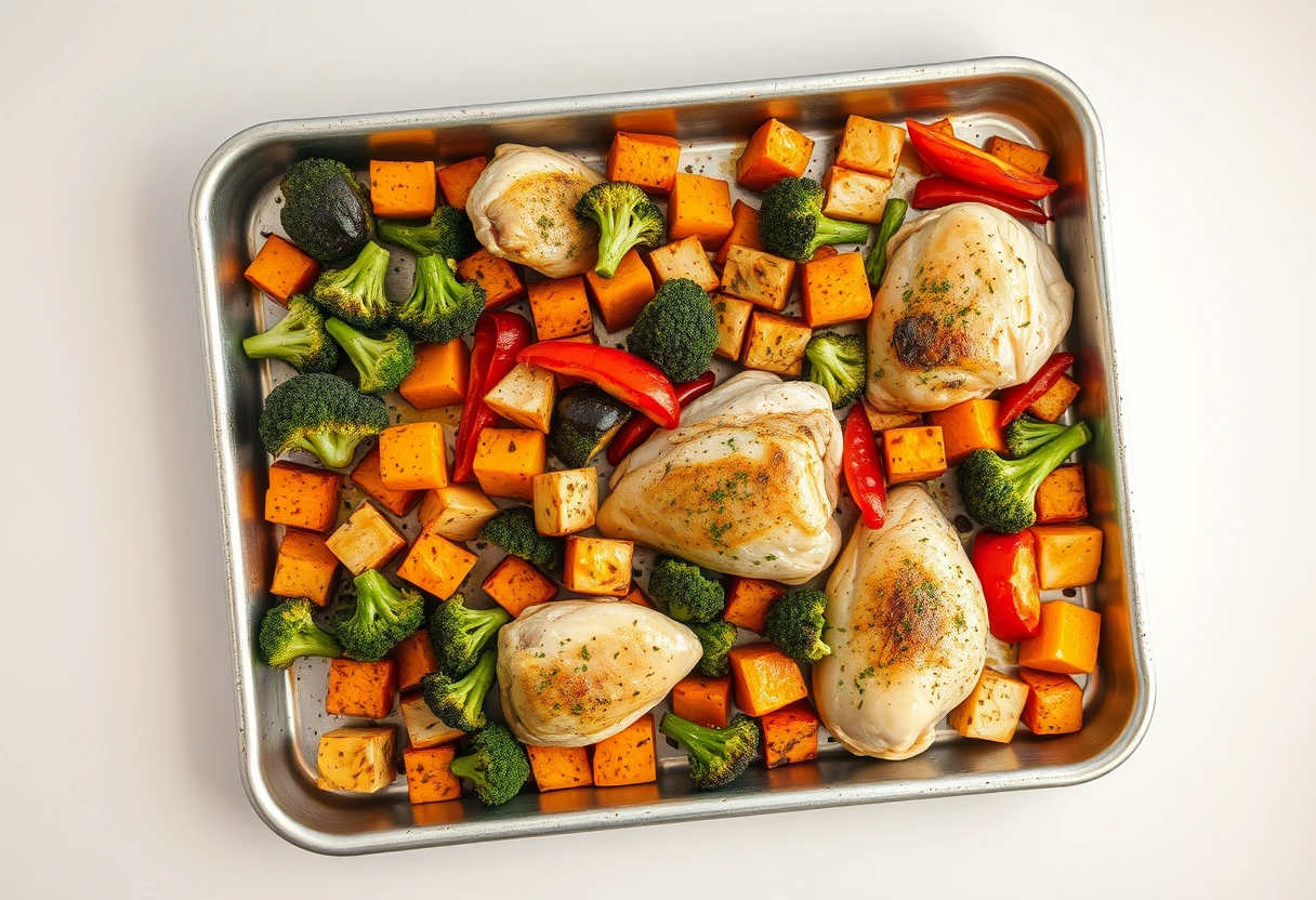 A one-pan sheet bake with roasted chicken and colorful vegetables, designed as a simple dinner for picky eaters, ready for serving.