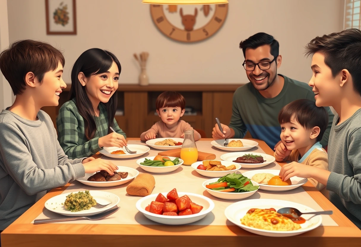 A family gathered around a dinner table, enjoying a meal, with a focus on healthy and simple dinners for picky eaters, showing connection and laughter.