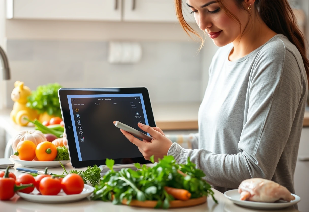 A young, busy mother efficiently organizing her meal plan on a tablet while her child plays nearby, illustrating how simple dinners save busy weeknights.