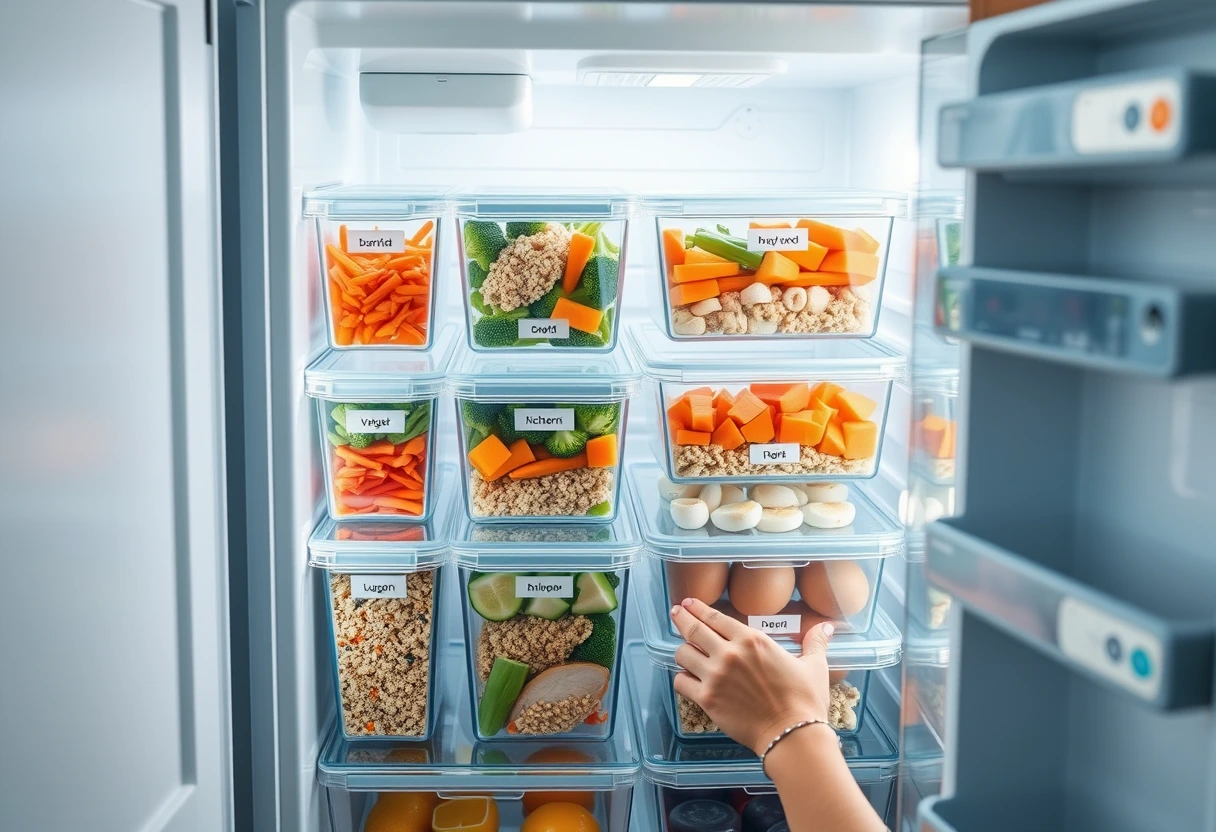 A young mother efficiently organizing prepped meals and ingredients in reusable containers in her refrigerator, showcasing how simple dinners save busy weeknights.