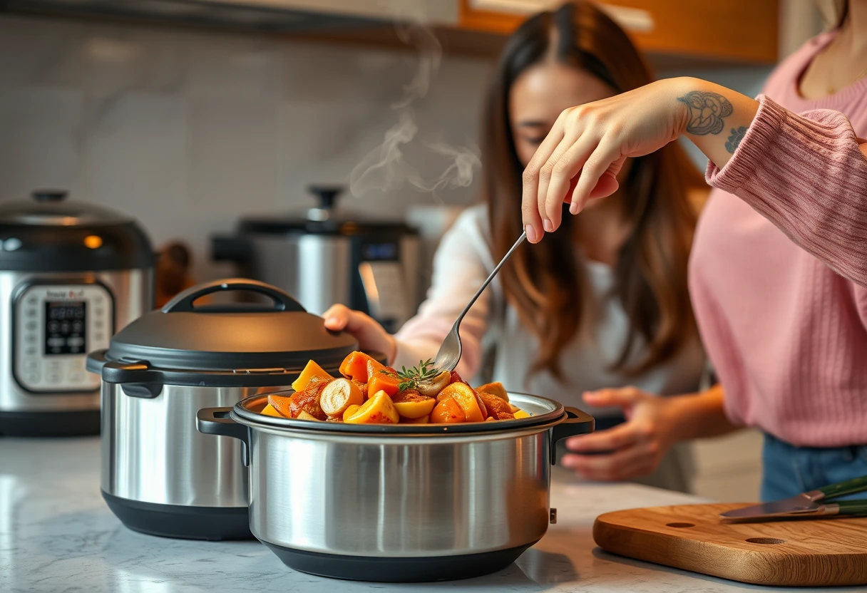 A busy mother effortlessly taking a fully cooked, simple dinner out of an Instant Pot, highlighting how modern appliances save busy weeknights.
