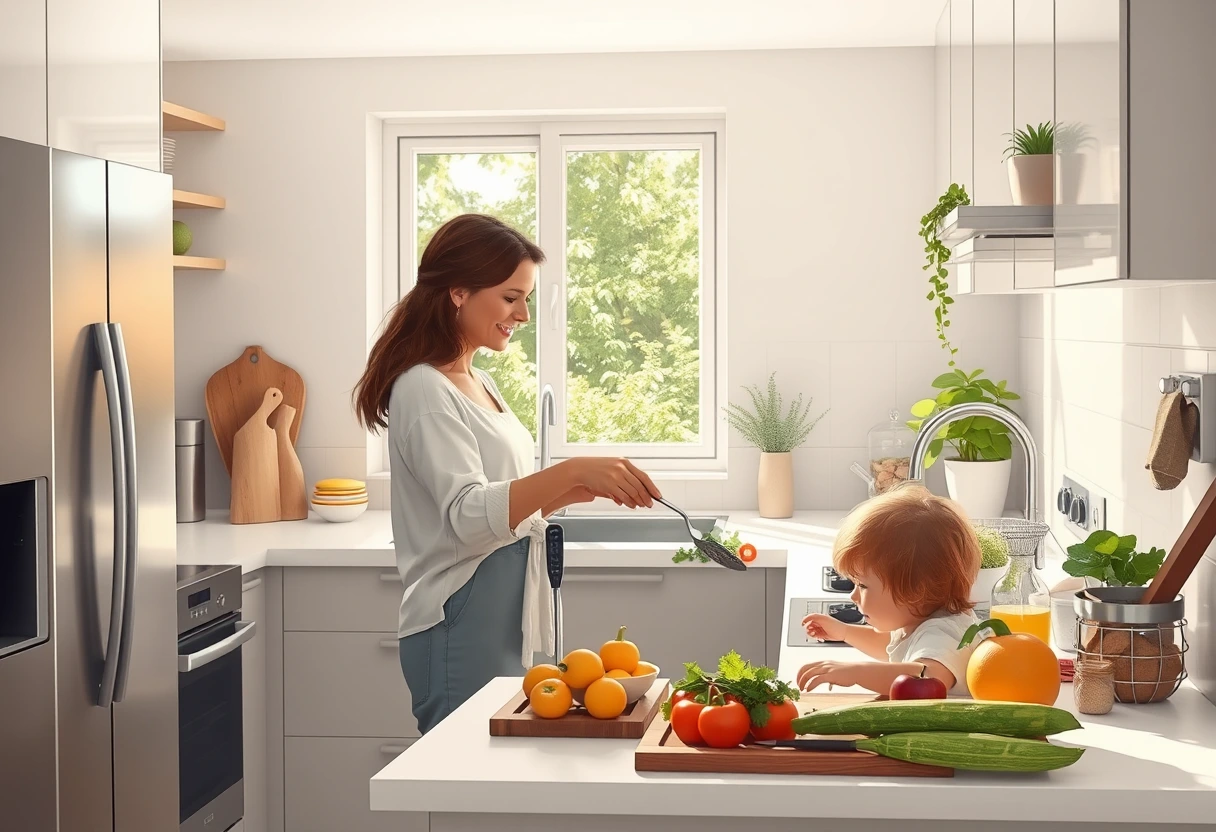 A busy mom in a modern, clean kitchen effortlessly preparing simple gluten-free meals while her child plays nearby. The counter is organized with fresh vegetables and gluten-free ingredients, highlighting the ease and practicality of preparing nutritious gluten-free options.