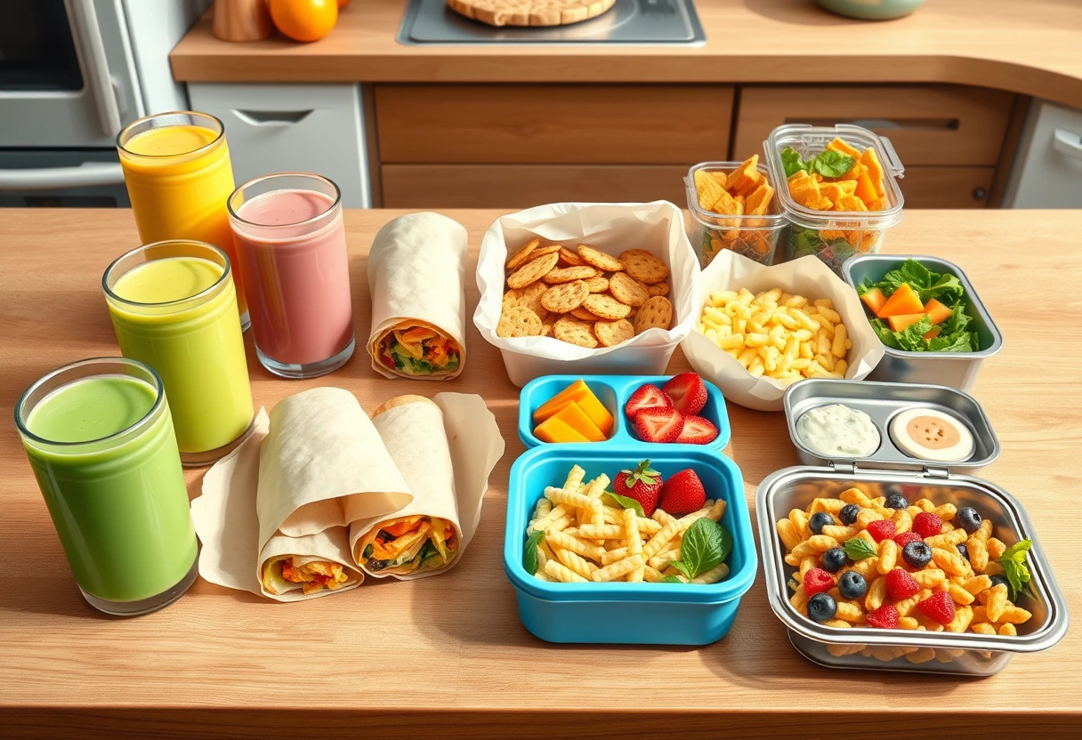 A vibrant breakfast and lunch spread laid out on a kitchen counter, showcasing a variety of quick gluten-free meals. There are colorful smoothies, pre-made gluten-free breakfast burritos, a bento box with gluten-free snacks for kids, and a gluten-free pasta salad, all arranged to emphasize healthy eating for kids and busy parents.