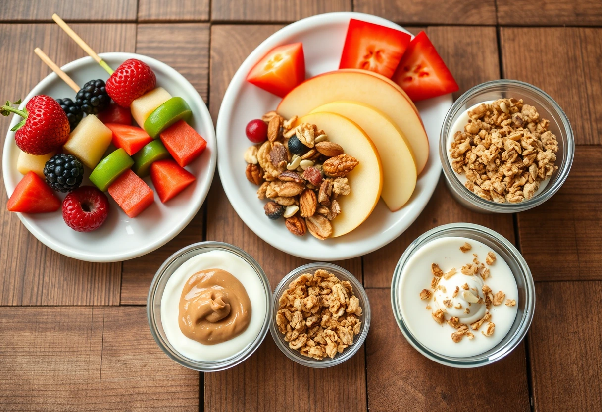 An inviting display of healthy gluten-free snacks on a rustic wooden table. The scene includes colorful fruit skewers, a bowl of homemade trail mix, a plate of apple slices with almond butter, and small containers of Greek yogurt, emphasizing delicious and nutritious gluten-free options for families.
