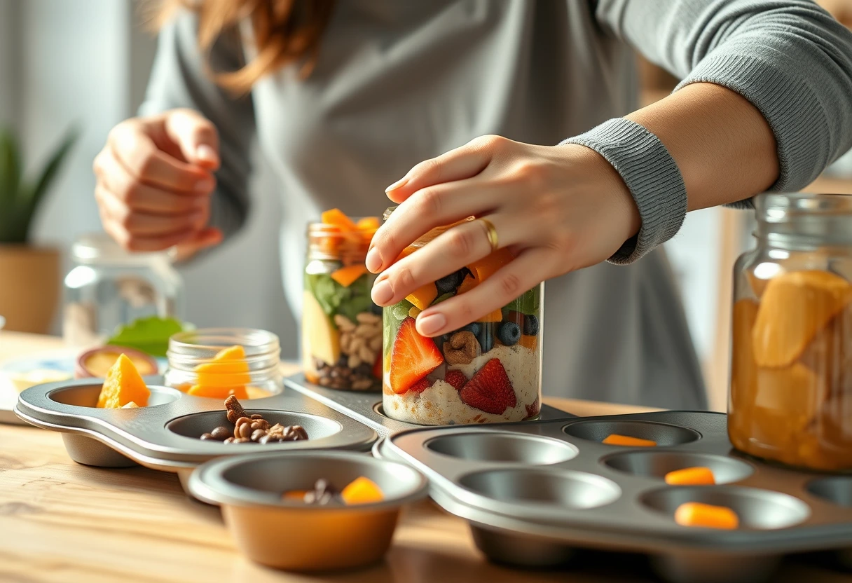 A busy young mother quickly preparing simple high-protein breakfast ideas for her on-the-go family, featuring colorful and nutritious ingredients.