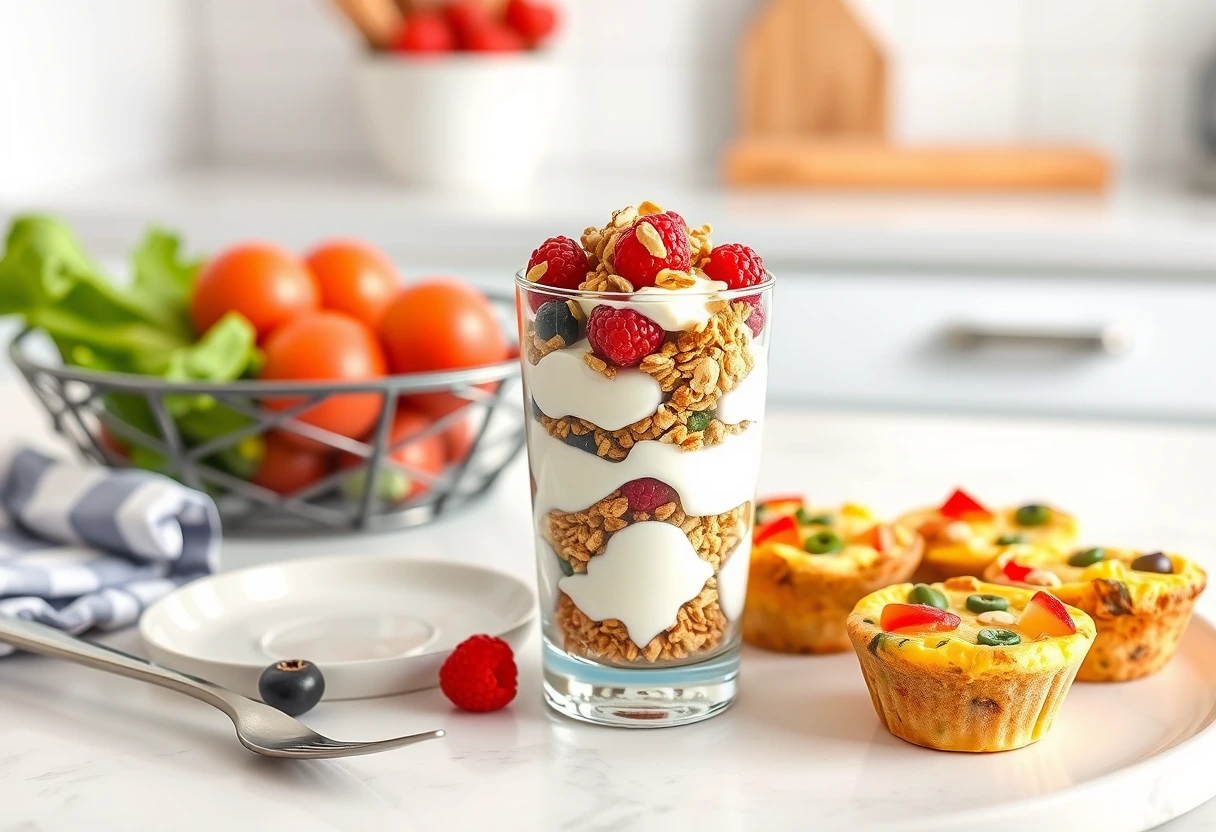 A family enjoying simple high-protein breakfast ideas for on-the-go, featuring a colorful spread of egg muffins, fruit, and yogurt parfaits, set against a bright kitchen backdrop.