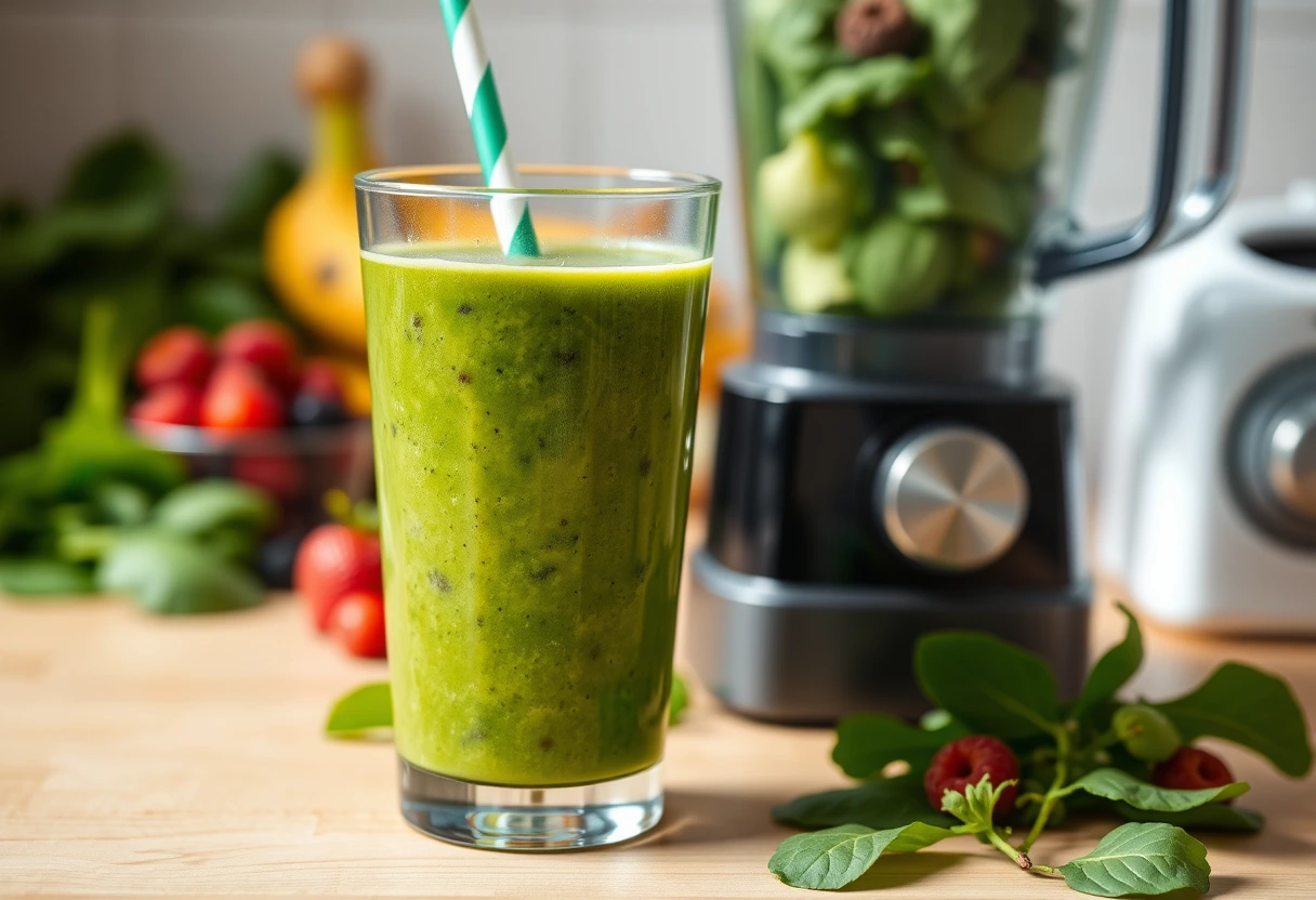 A vibrant, high-protein smoothie blend, made with fresh fruits, greens, and protein powder, ideal for simple high-protein breakfast ideas for on-the-go families.