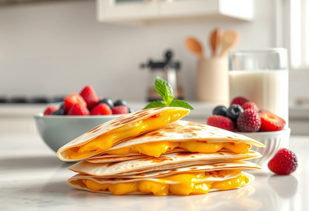 A family-friendly breakfast spread with simple high-protein breakfast ideas, including savory breakfast quesadillas, fruit, and milk, on a clean kitchen counter.