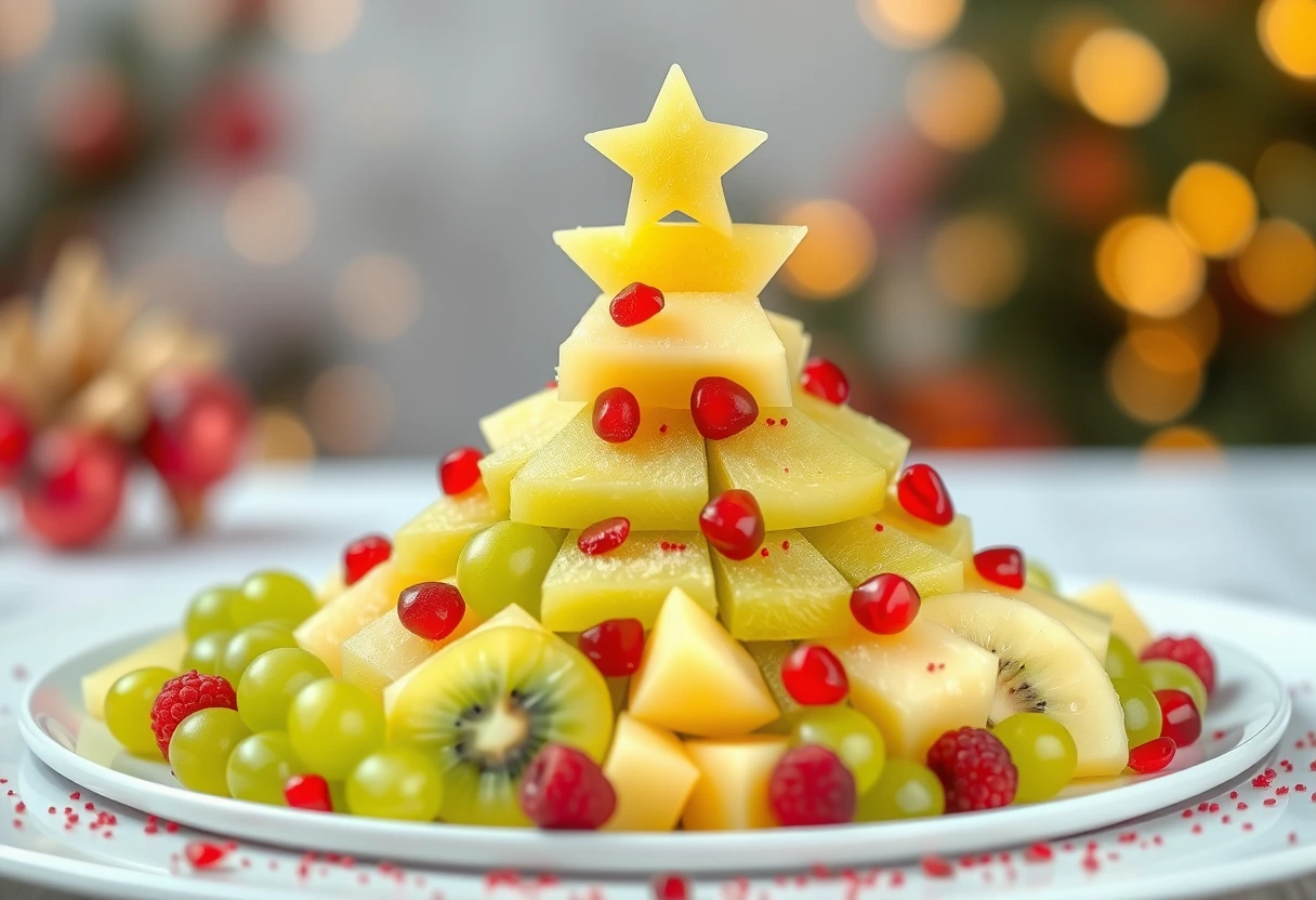 A colorful fruit platter with holiday-themed fruit cut-outs, perfect for simple holiday breakfasts kids will enjoy.