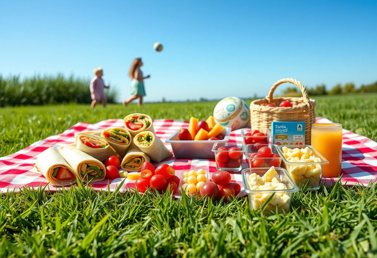 A picnic blanket spread with an array of simple lunches perfect for family outings, including colorful wraps, fruit skewers, and small containers of pasta salad. The scene captures the essence of easy weekend meals with kids playing in the background.