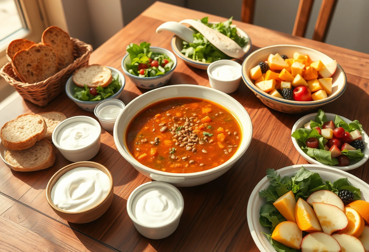A vibrant table laden with healthy, simple lunches perfect for family gatherings, featuring colorful salads, whole-grain sandwiches, and fruit platters, highlighting fresh, wholesome ingredients.