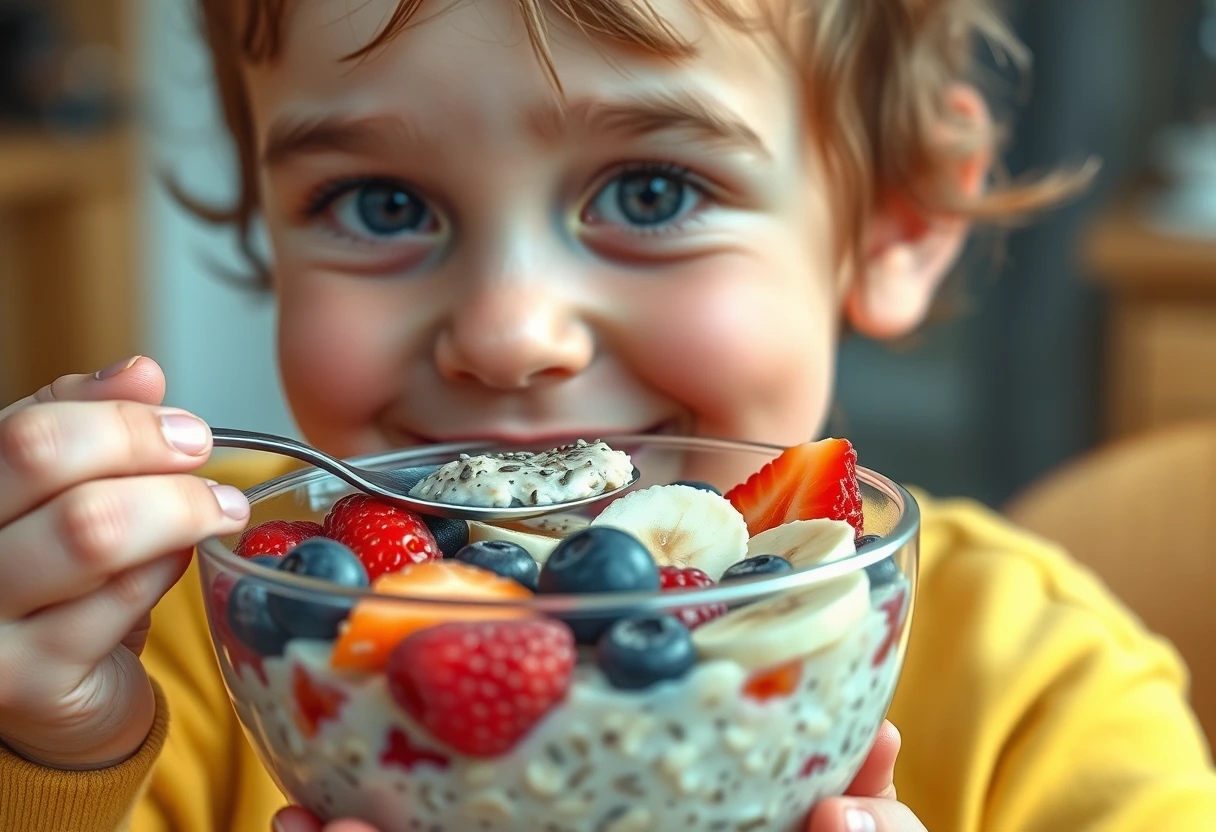 A child happily eating a bowl of colorful overnight oats with berries and banana slices, showing simple breakfast meals kids will enjoy.