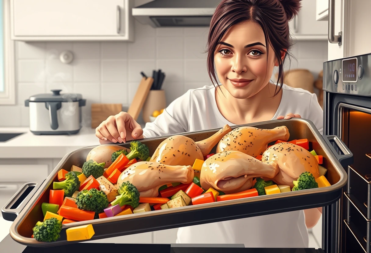 A busy young mother quickly putting a tray of roasted chicken and colorful vegetables into the oven, symbolizing simple dinner meals kids will enjoy.
