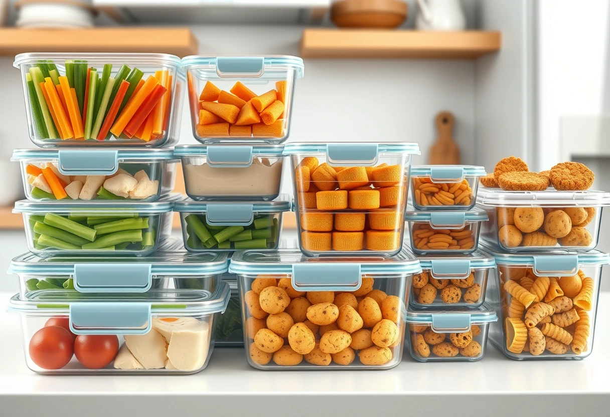 A well-organized kitchen counter with various meal prepped containers filled with healthy simple food kids will eat, ready for the week.