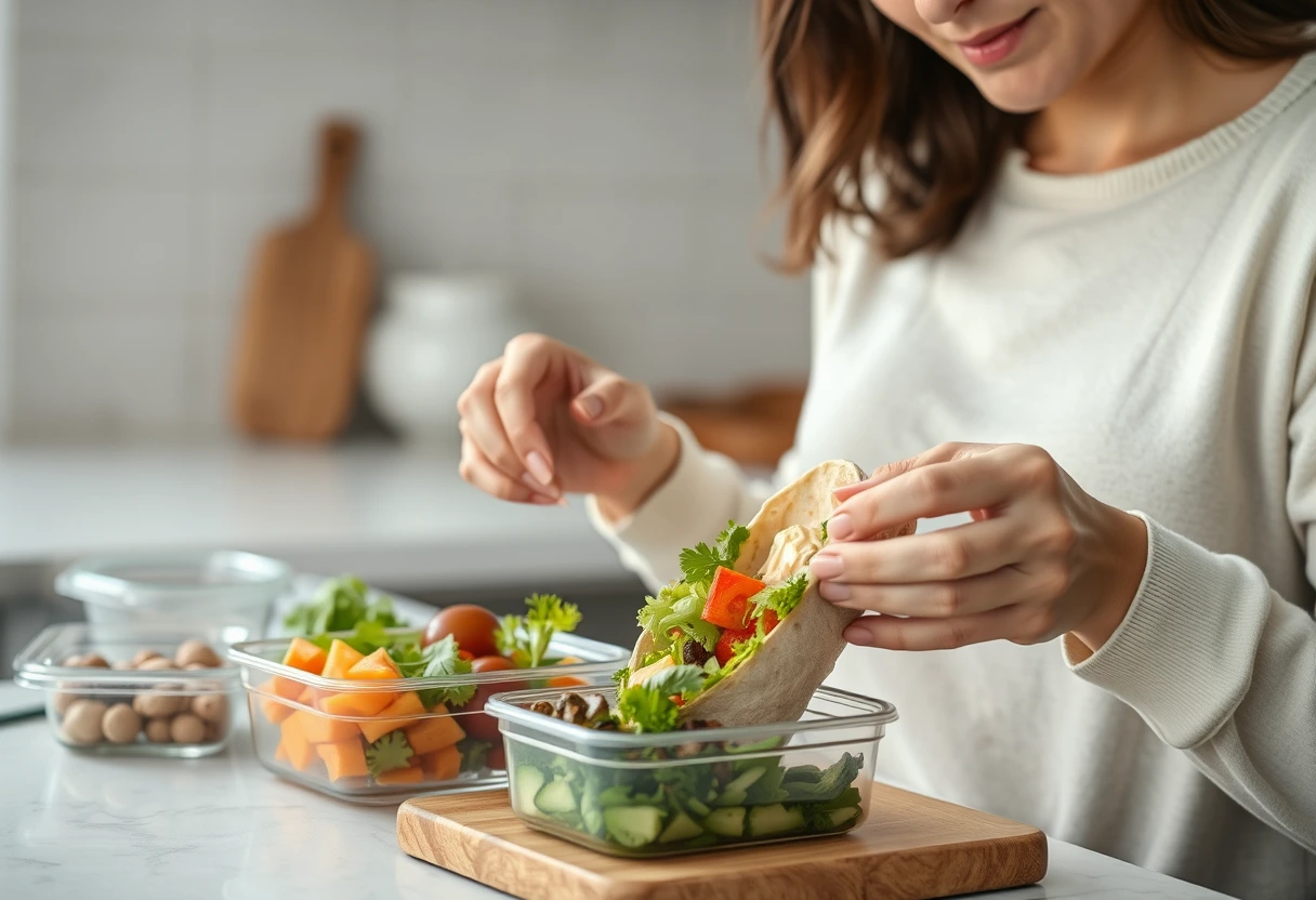 A busy mom quickly assembling a healthy packed lunch with pre-chopped vegetables and hummus, illustrating efficient preparation for simple mom lunches that keep you fueled all day.