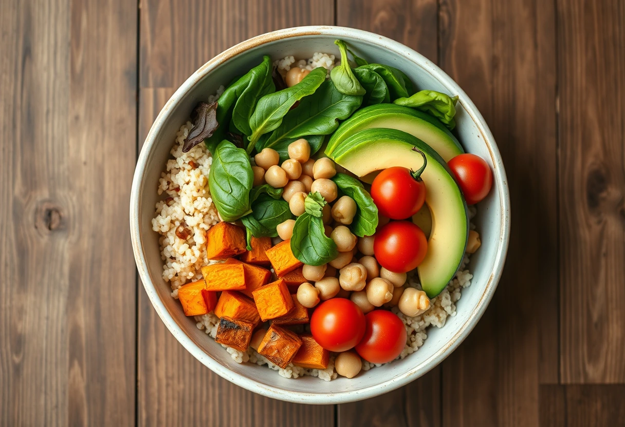 A vibrant, colorful Buddha bowl filled with quinoa, roasted vegetables, chickpeas, and a drizzle of tahini dressing, showcasing a healthy and simple mom lunch to keep her energized all day.