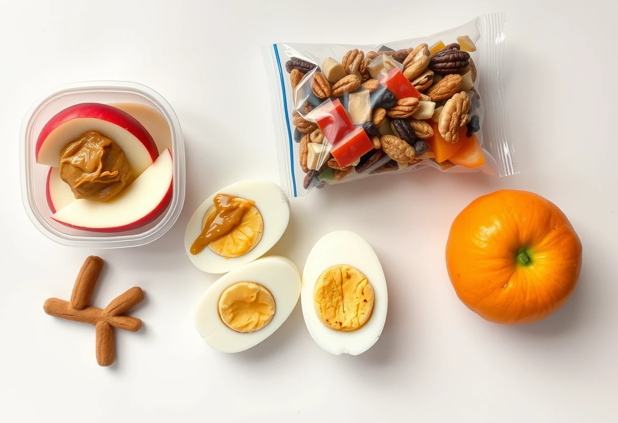 A selection of healthy, pre-portioned snacks like apple slices with peanut butter, hard-boiled eggs, and a small container of nuts, highlighting smart snacking to complement simple mom lunches for all-day energy.