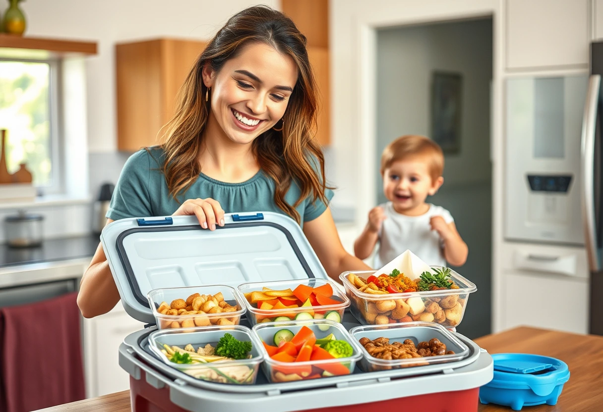 A young mother smiling while packing various Simple Prep Ahead Meals for Family Vacations into reusable containers, with her family's luggage in the background, showing organized and efficient meal prep for a trip.