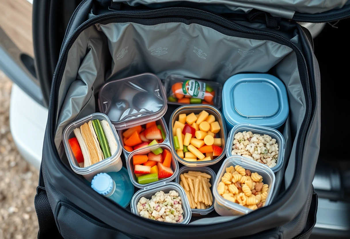 A well-organized cooler filled with containers of Simple Prep Ahead Meals for Family Vacations, including sandwiches, fruit, and snacks, ready for a road trip.