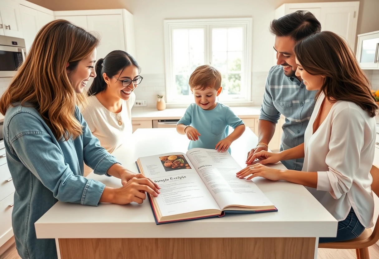 A family gathered around a kitchen island, looking at a simple recipe book with happy expressions, embodying easy meal prep guides for families.