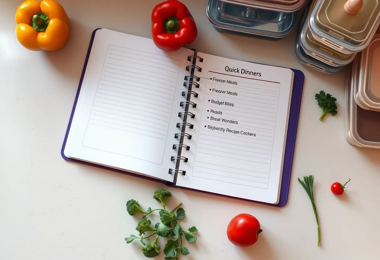 An open recipe binder on a clean kitchen counter, highlighting sections for 'Quick Dinners' and 'Freezer Meals', surrounded by fresh ingredients, representing quick family recipe collections.