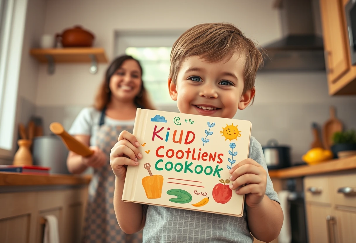 A child proudly holding a homemade cookbook, filled with colorful drawings and recipes, illustrating kid-friendly recipes and a family working together on meal prep.