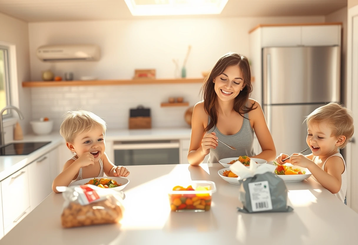 A busy mom smiling, enjoying a simple pre-prepped meal with her kids on vacation, indicating how simple recipes help save busy moms from vacation cooking stress.