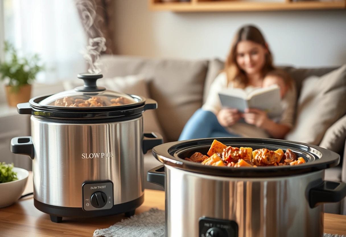A slow cooker bubbling with a delicious meal inside, with a busy mom relaxing nearby, highlighting how simple recipes relieve vacation cooking pressure for moms.