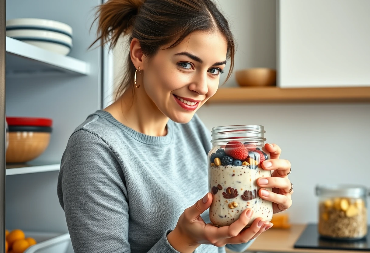 A busy young mother quickly grabbing a jar of Simple, Snuggly Breakfasts to Kickstart a Busy Day, specifically overnight oats, from the fridge. The oats are layered with berries and nuts.