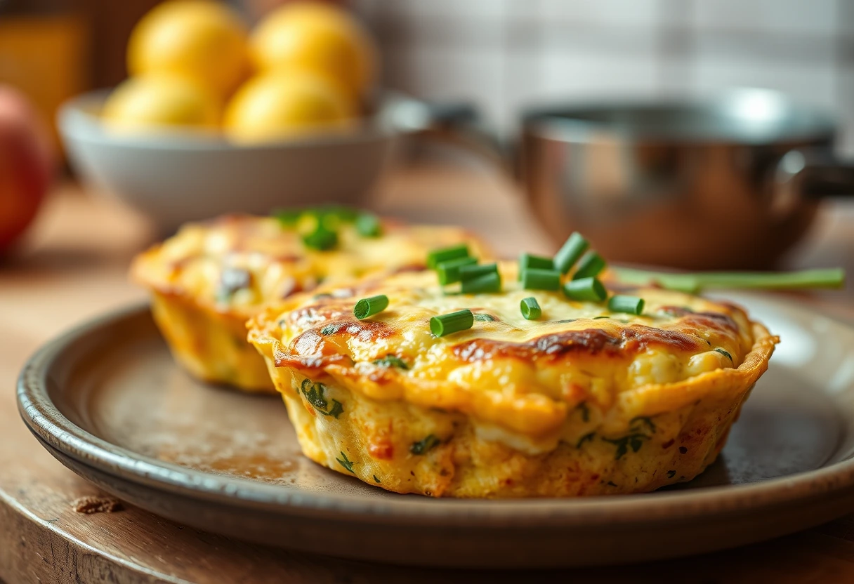 A close-up of a warm, comforting breakfast dish, specifically a mini egg frittata from 'Simple, Snuggly Breakfasts to Kickstart a Busy Day', topped with fresh chives and served on a rustic plate.