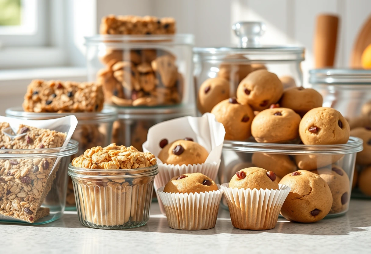 A display of various Simple, Snuggly Breakfasts to Kickstart a Busy Day options, including homemade granola bars, fruit and nut muffins, and mini breakfast cookies, ready for a busy mom to grab.