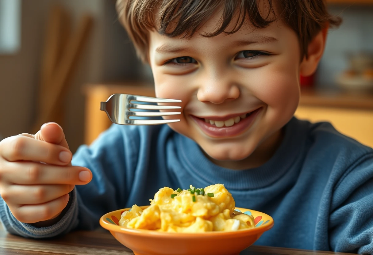 A child happily eating a plate of fluffy scrambled eggs with a sprinkle of cheese, demonstrating how simple, tasty egg recipes appeal to kids.