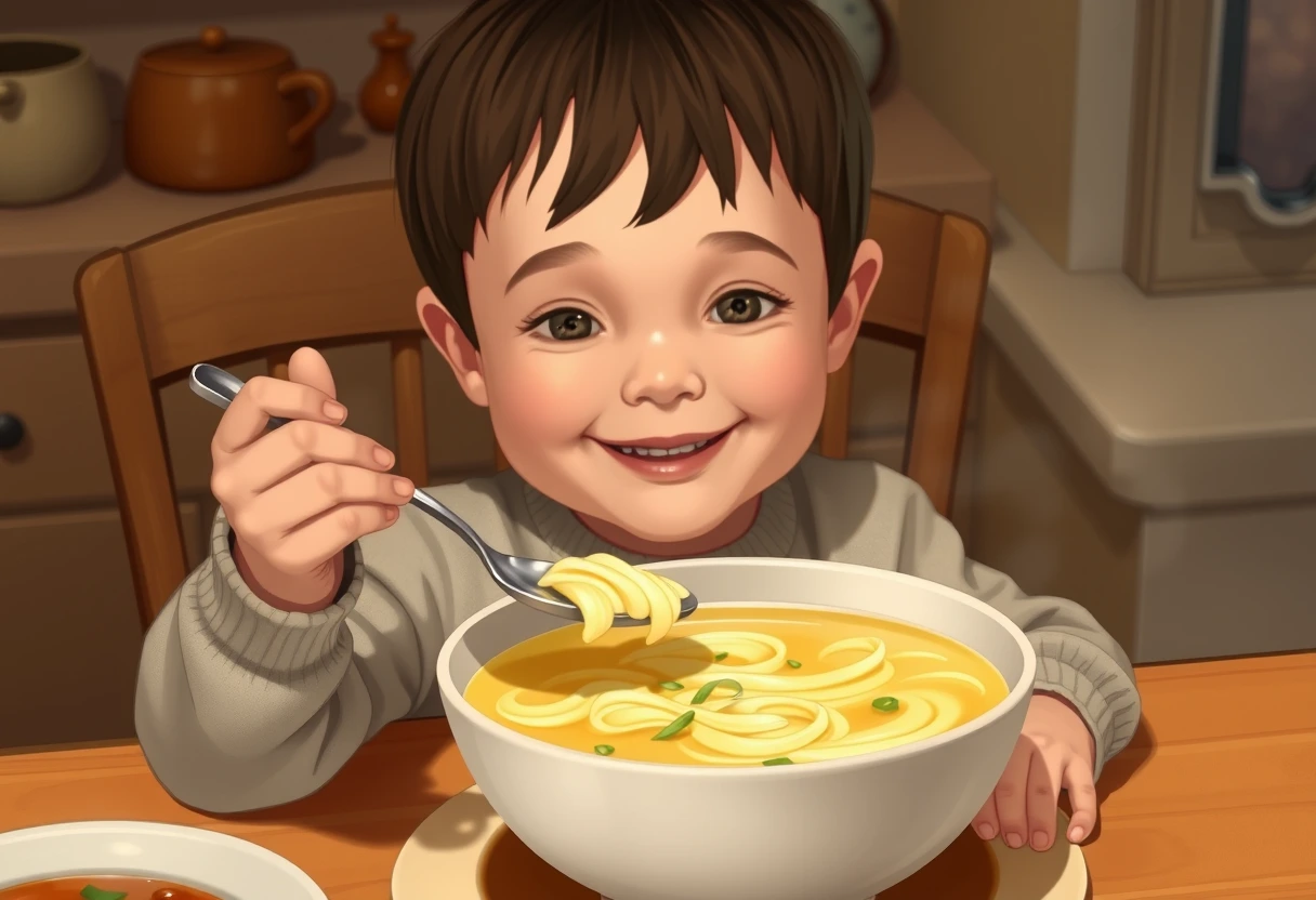 A smiling child holding a bowl of comforting egg drop soup with a spoon, highlighting the appeal of simple, tasty egg recipes for kids' dinner.