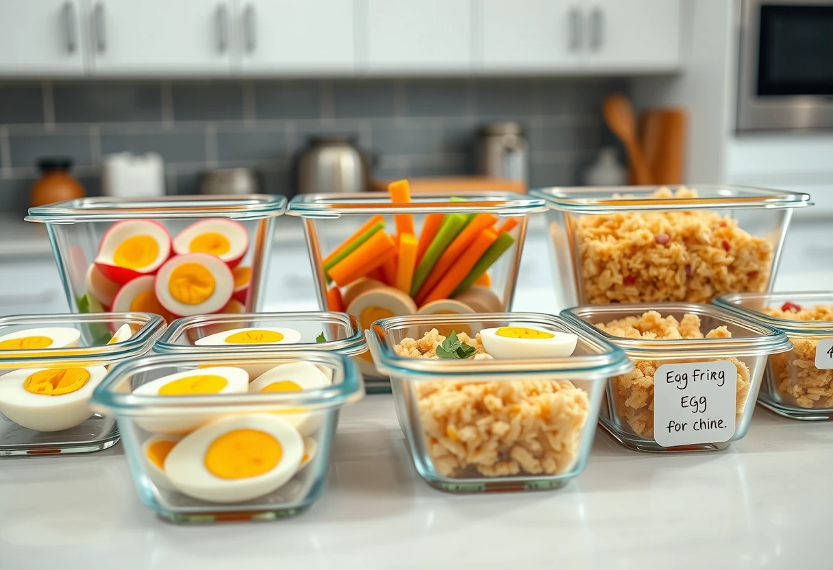 A variety of simple, tasty egg recipes prepped in clear containers for kid's lunchboxes, showcasing efficient meal prep.